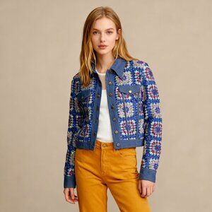 $805 NWT Manoush Sequined Denim Jacket US 6 Women's Blue